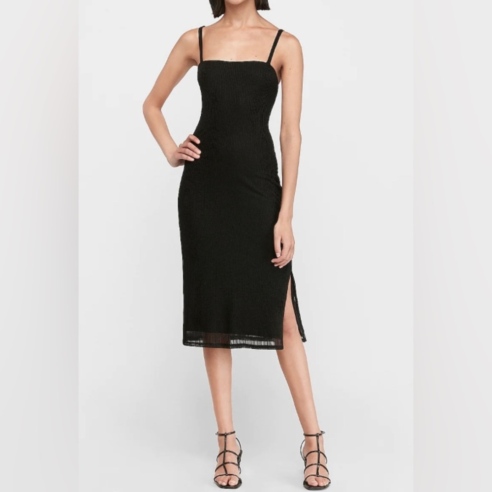 NWT Express NAVY ribbed straight dress, size L, lined, side slit, stretchy
